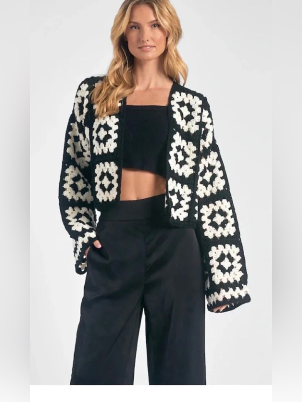 Elan Black and White Crochet Patchwork Cardigan M